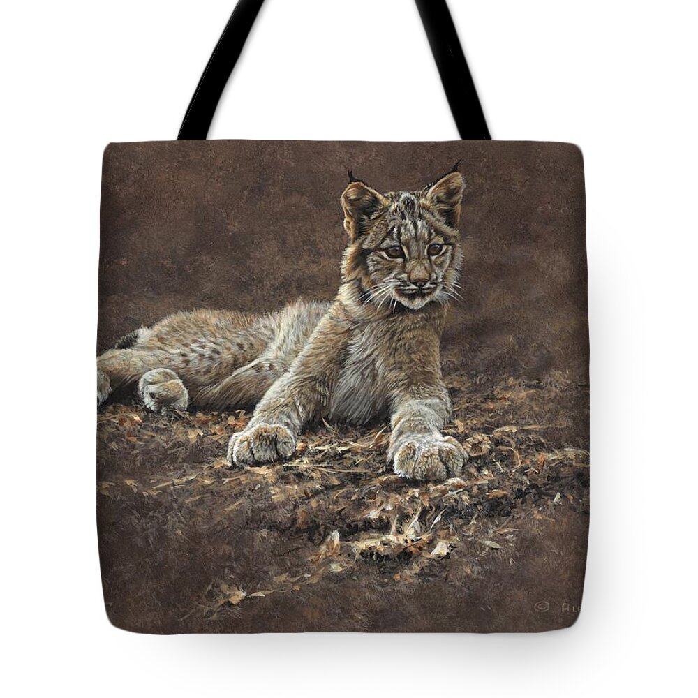 Paintings Tote Bag featuring the painting Young Bobcat by Alan M Hunt by Alan M Hunt