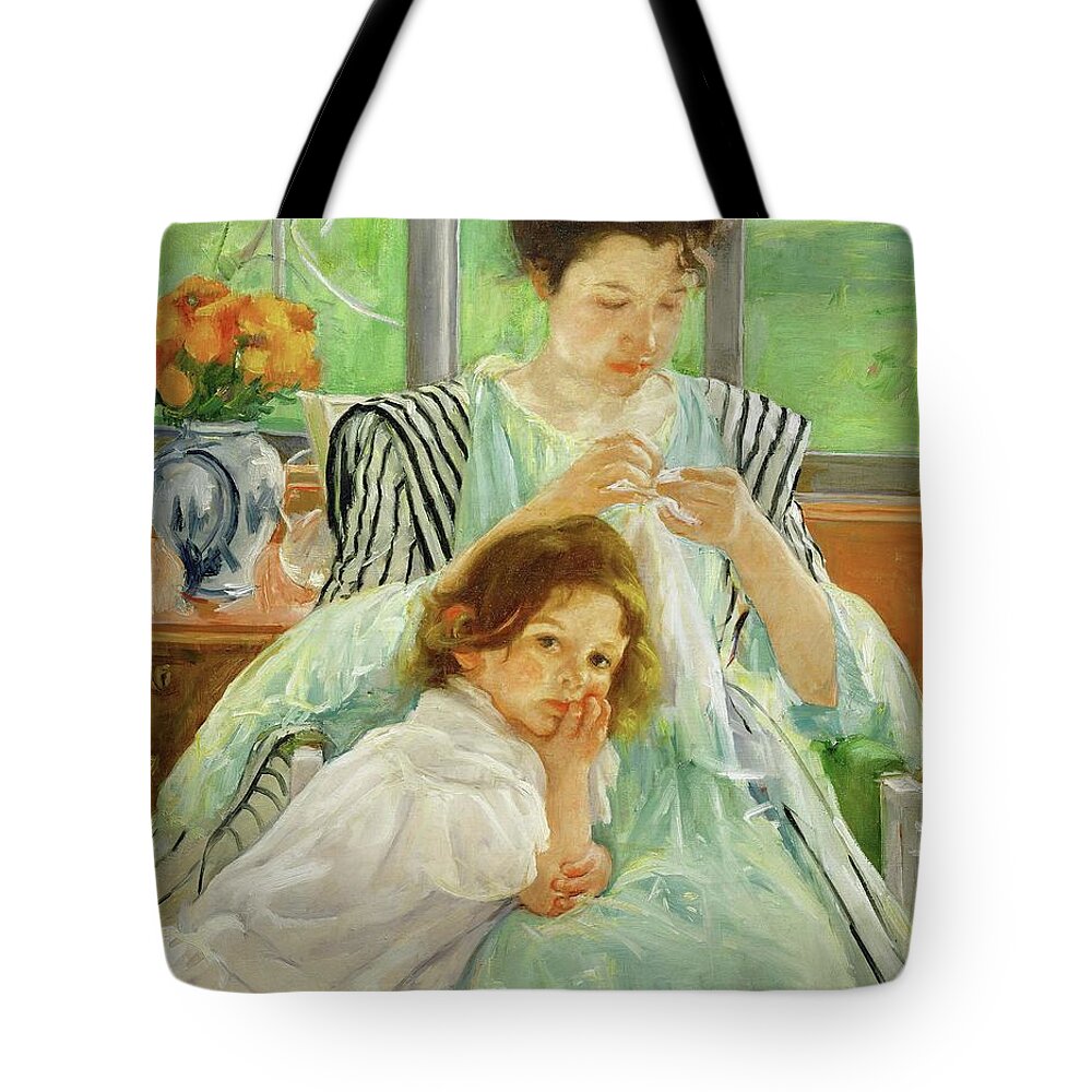 Mary Cassatt Tote Bag featuring the painting Young mother sewing, 1901 Canvas,92,4 x 73,7 cm. by Mary Cassatt -1844-1926-