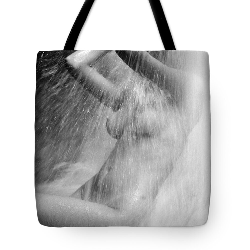 Shower Tote Bag featuring the photograph Young Woman In The Shower by Juan Silva