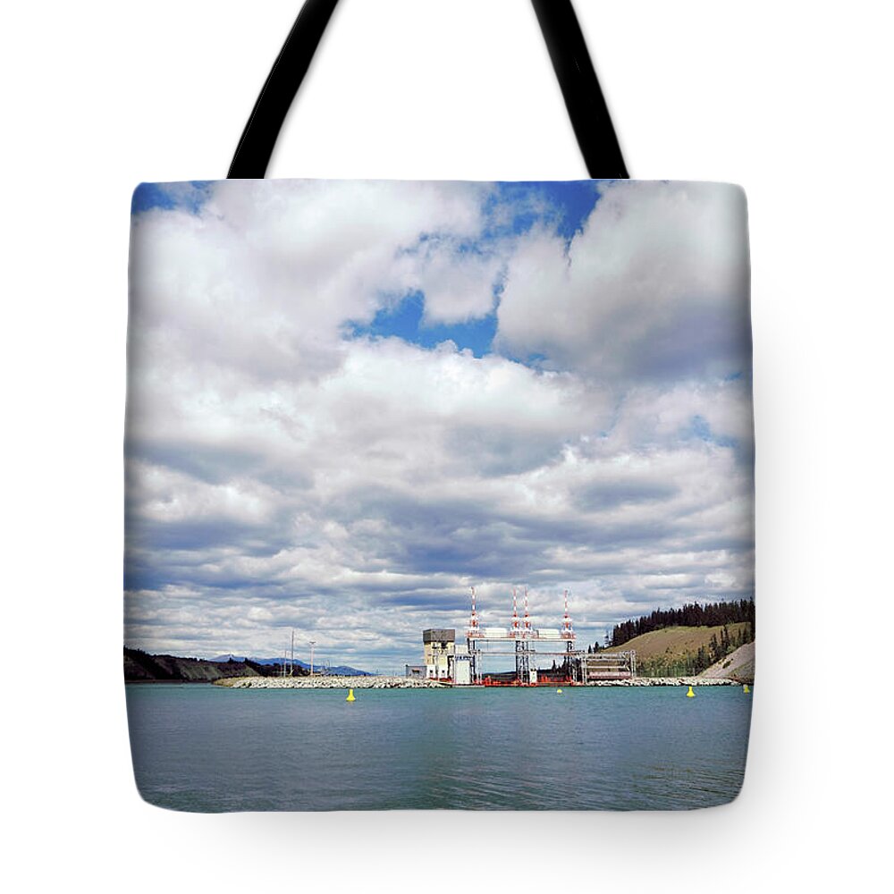 Outdoors Tote Bag featuring the photograph Yukon River Dam by Orchidpoet