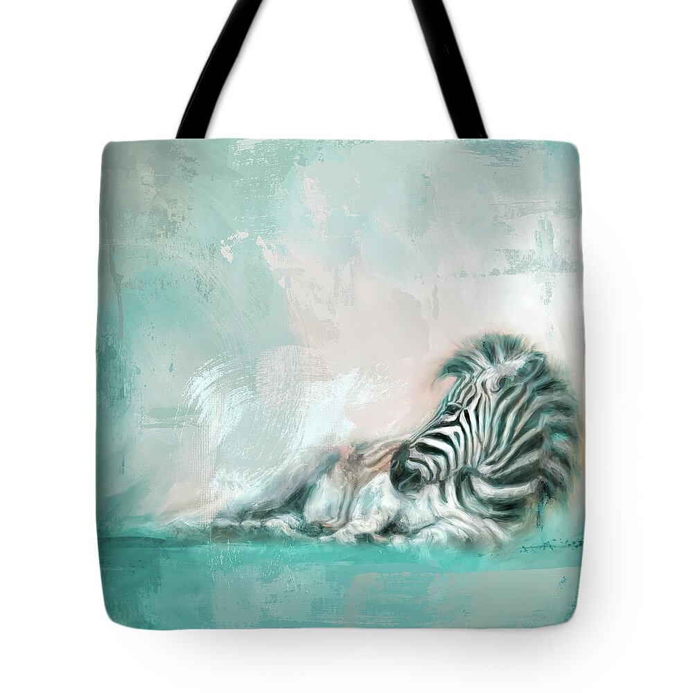 Colorful Tote Bag featuring the painting Zebra At Rest Coastal Colors by Jai Johnson