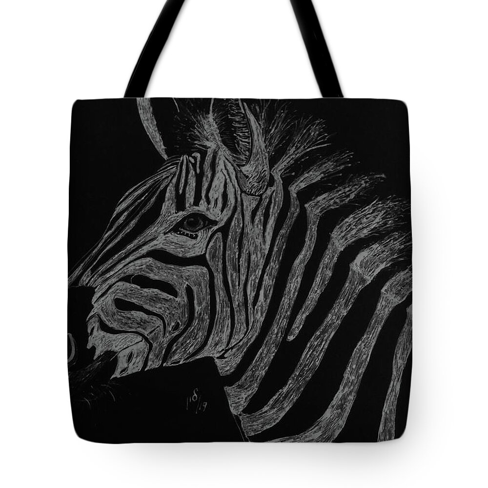 Animal Theme Tote Bag featuring the drawing Zebra by Maria Woithofer