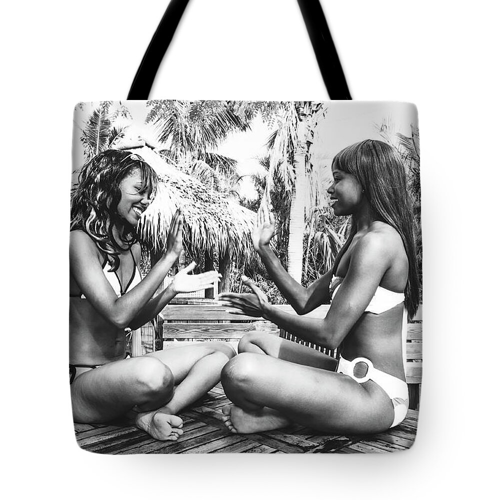 Two Girls Fun Fashion Photoraphy Art Tote Bag featuring the photograph 0868 Lilisha Dominique Girl Fun Cranes Delray Beach by Amyn Nasser