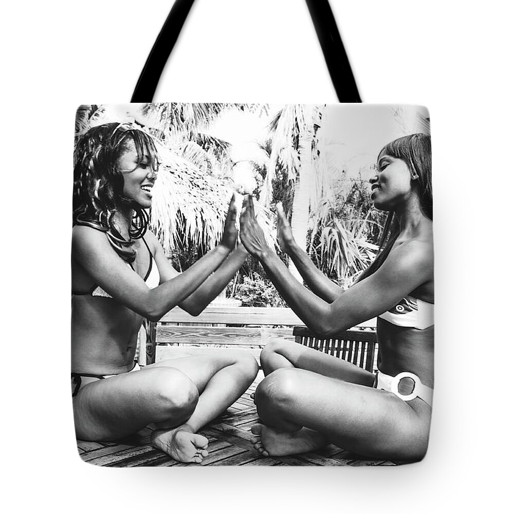 Two Girls Fun Fashion Photography Art Tote Bag featuring the photograph 0882 Lilisha Dominique Girlfriend Fun Beach House by Amyn Nasser