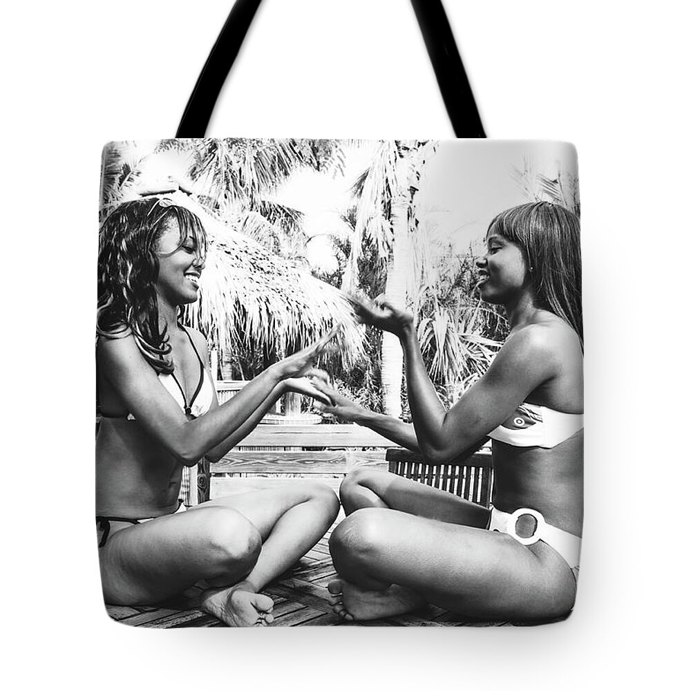 Two Girls Fun Fashion Photography Art Tote Bag featuring the photograph 0883 Lilisha Dominique Girlfriends Cranes Beach House Delray by Amyn Nasser