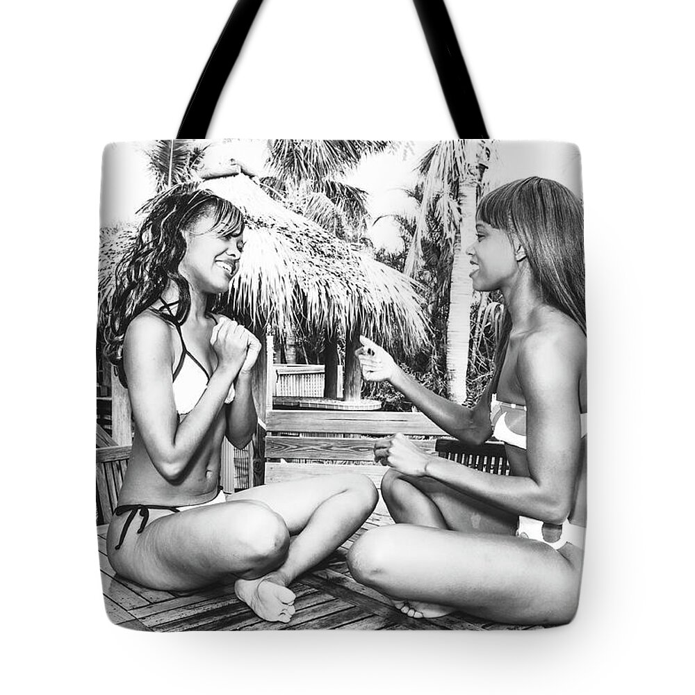 Two Girls Fun Fashion Photoraphy Art Tote Bag featuring the photograph 0891 Lilisha Dominique Girlfriend Guessing Beach Party Delray by Amyn Nasser