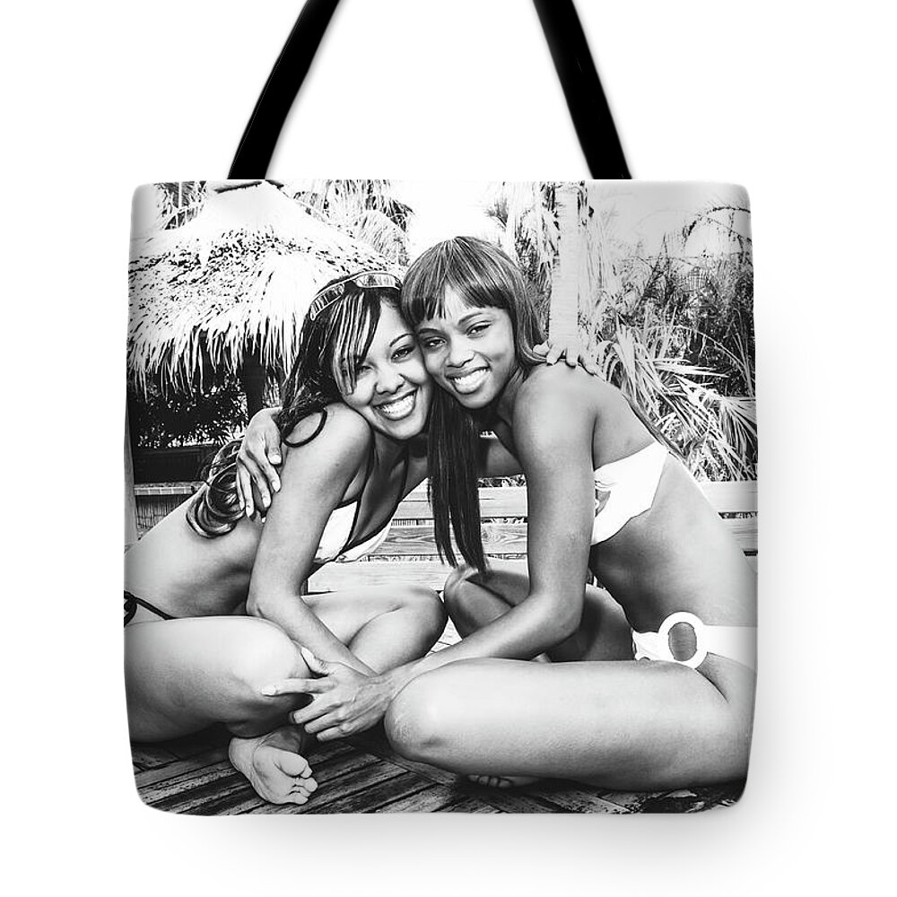Two Girls Fun Fashion Photoraphy Art Tote Bag featuring the photograph 0901 Lilisha Dominique Girlfriend Guessing Beach Party Delray by Amyn Nasser