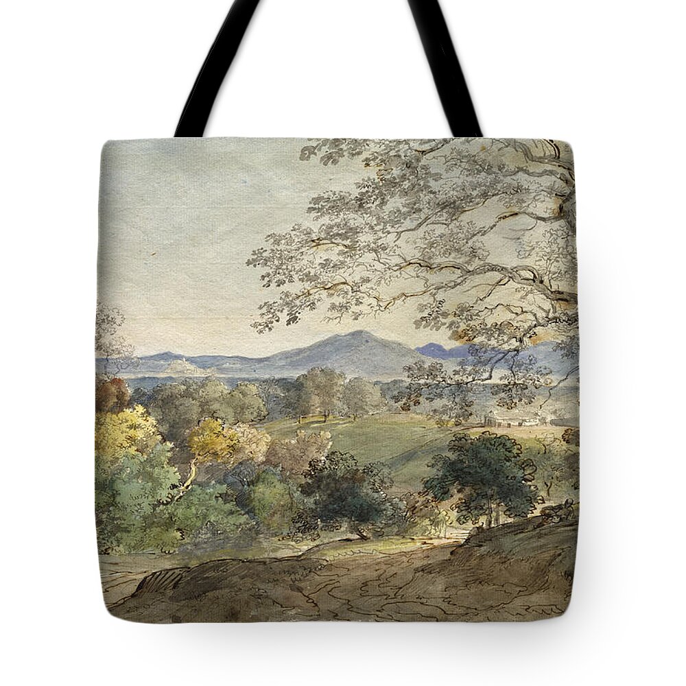 Johann Georg Von Dillis Tote Bag featuring the drawing A View across the Inn Valley to the Alps and Neubeuern #2 by Johann Georg von Dillis