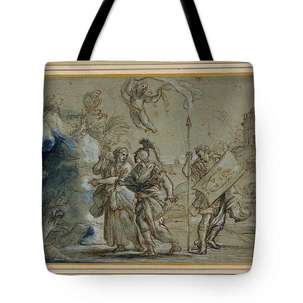Giovanni Francesco Romanelli Tote Bag featuring the drawing Aeneas and the Cumaean Sibyl Entering the Infernal Regions #1 by Giovanni Francesco Romanelli