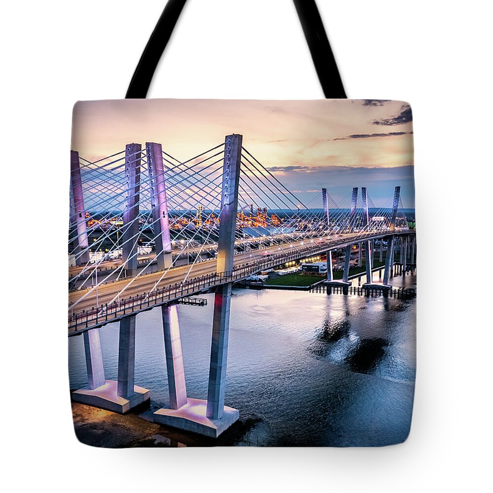 Goethals Tote Bag featuring the photograph Aerial view of the New Goethals Bridge #1 by Mihai Andritoiu