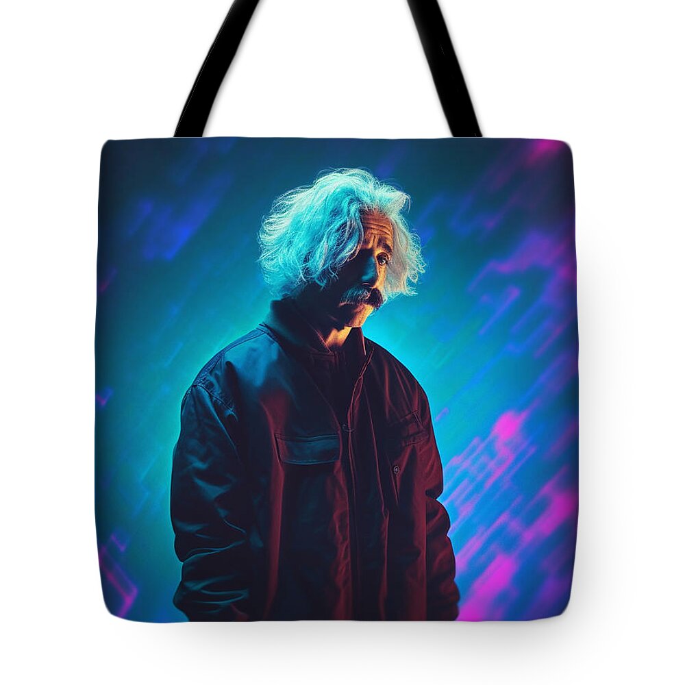 Albert Einstein Surreal Cinematic Minimalistic Art Tote Bag featuring the painting Albert Einstein Surreal Cinematic Minimalistic by Asar Studios #1 by Celestial Images
