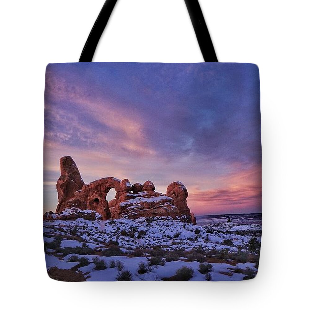 Sky Tote Bag featuring the photograph Arches National Park by Katie Dobies