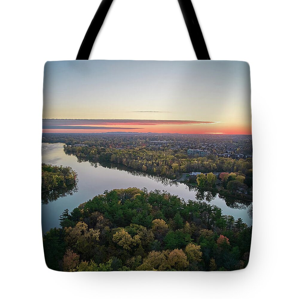 Drone Tote Bag featuring the photograph Areal Sunset on the MilleIles river #1 by Carl Marceau