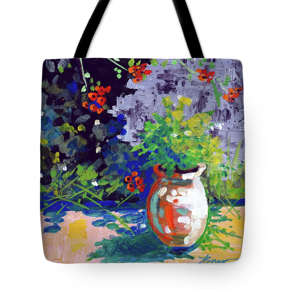 Flowers Tote Bag featuring the painting At Tharri Monastery-Rhodes #2 by Adele Bower