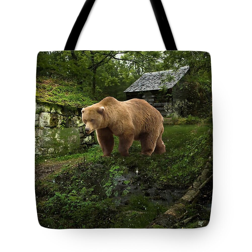 Bear Tote Bag featuring the mixed media Bear In The Woods #1 by Marvin Blaine