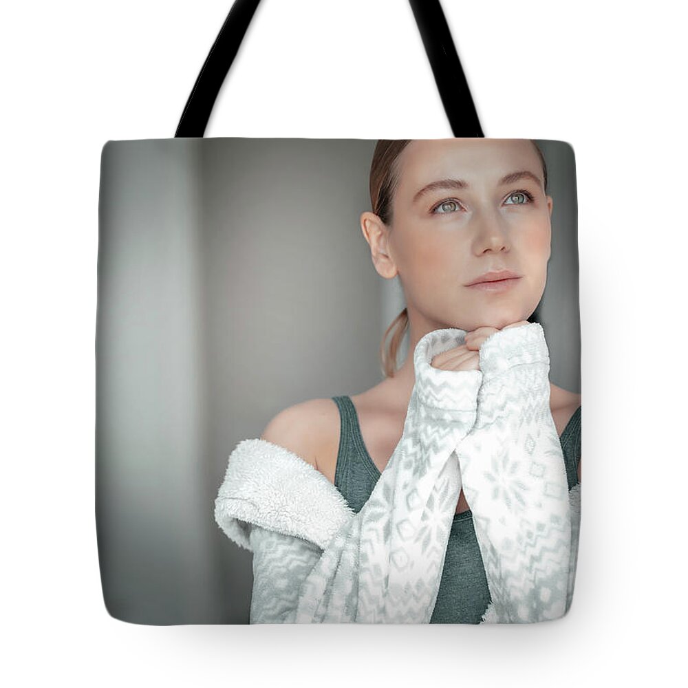 Apartment Tote Bag featuring the photograph Beautiful thoughtful woman by Anna Om