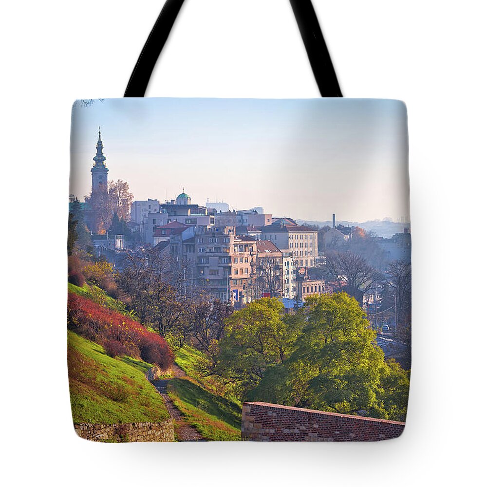 Belgrade Tote Bag featuring the photograph Belgrade. View from Kalemegdan walkway on old city landmarks #1 by Brch Photography