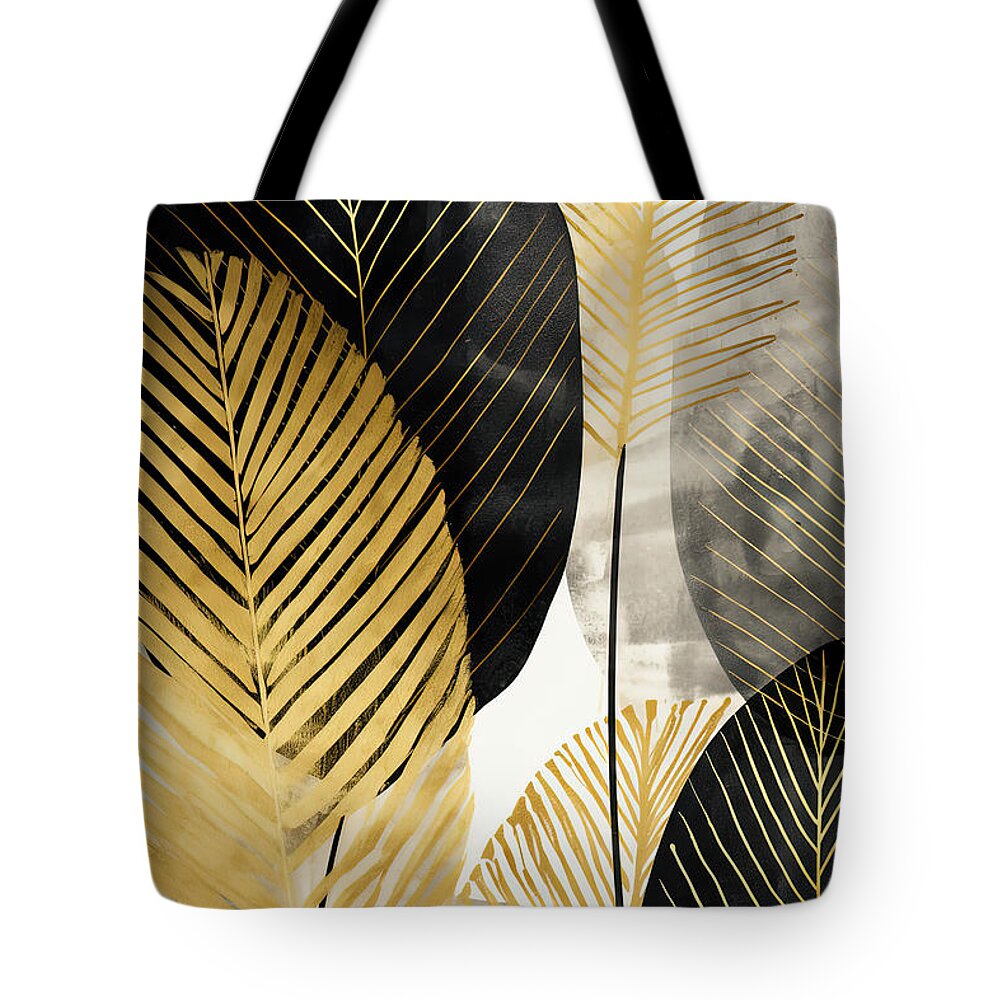 Tropical Tote Bag featuring the painting Black and Gold Leaves Minimalist by Lourry Legarde