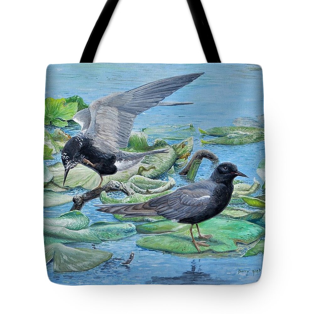 Black Tern Tote Bag featuring the painting Black Terns #1 by Barry Kent MacKay