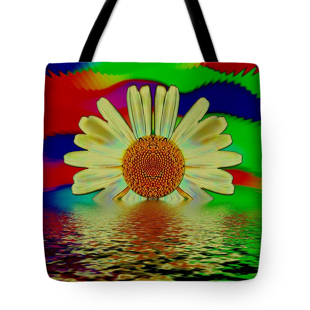 Rainbow Tote Bag featuring the mixed media Blooming Star Flower On The Rainbow In The Sunset #1 by Pepita Selles
