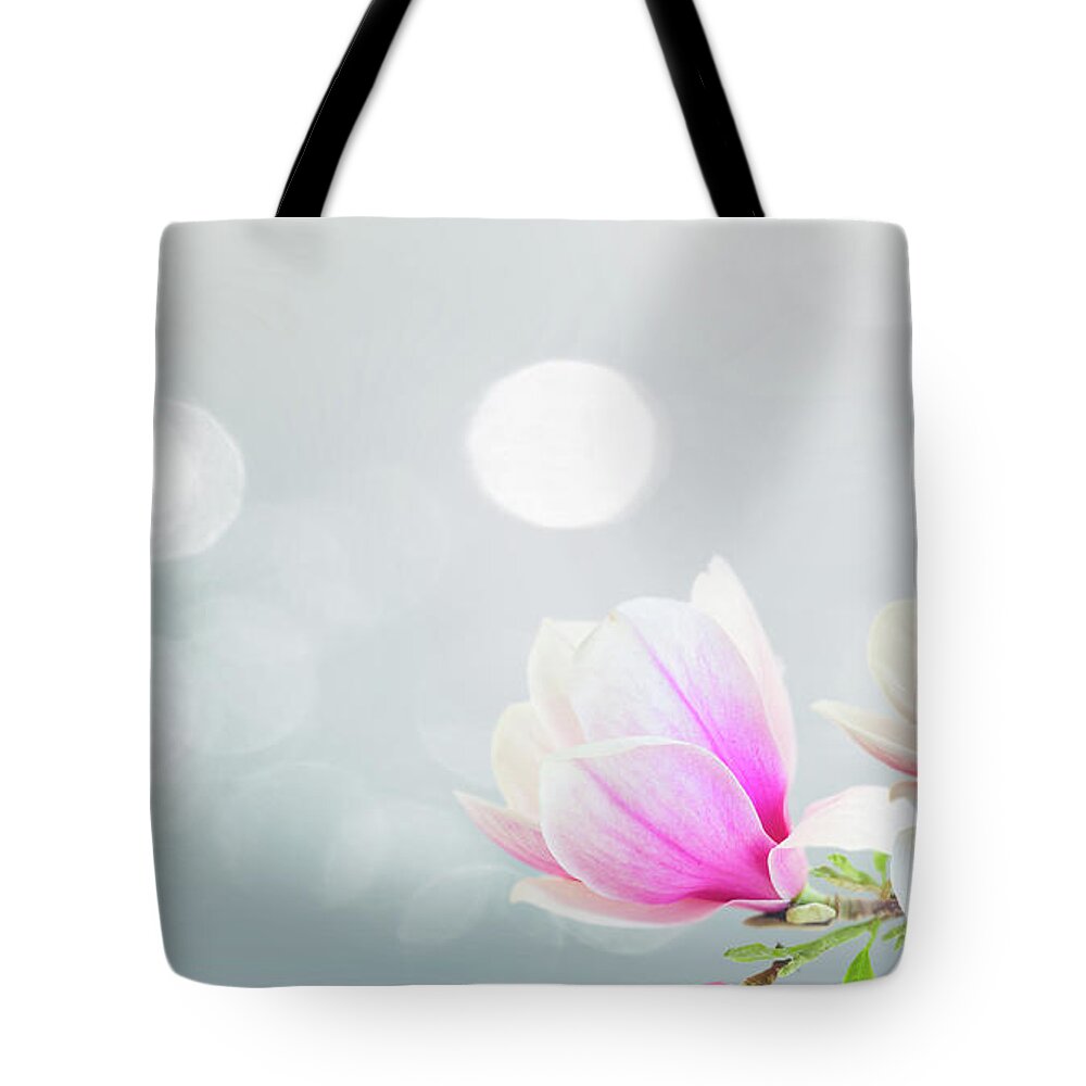 Magnolia Tote Bag featuring the photograph Blossoming Pink Magnolia Flowers by Anastasy Yarmolovich