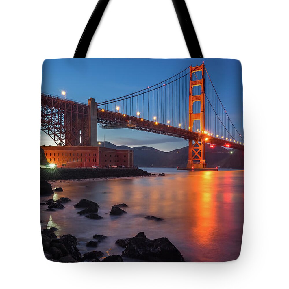 Blue Hour Tote Bag featuring the photograph Blue Hour at the Gate by Laura Macky