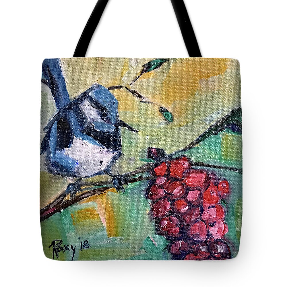 Blue Wren Tote Bag featuring the painting Blue Wren with Grapes #2 by Roxy Rich