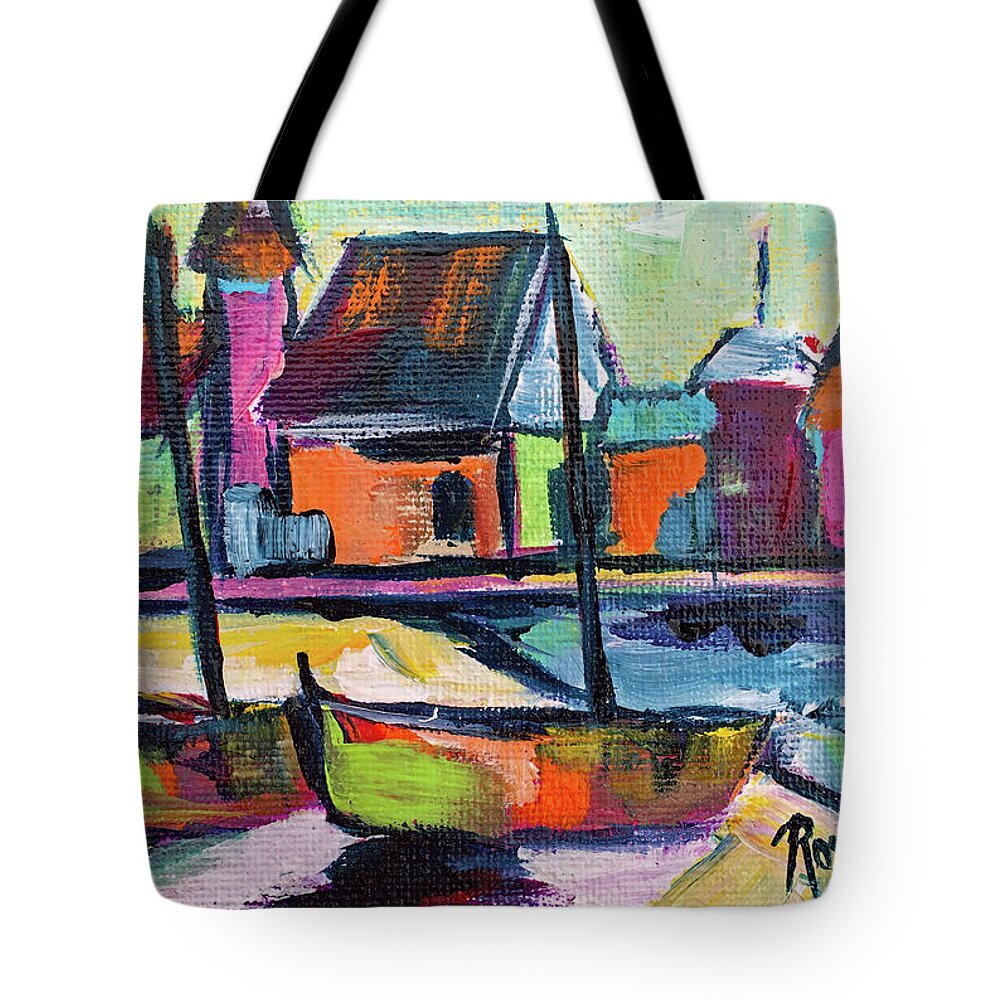Boats Tote Bag featuring the painting Boardwalk Boats by Roxy Rich