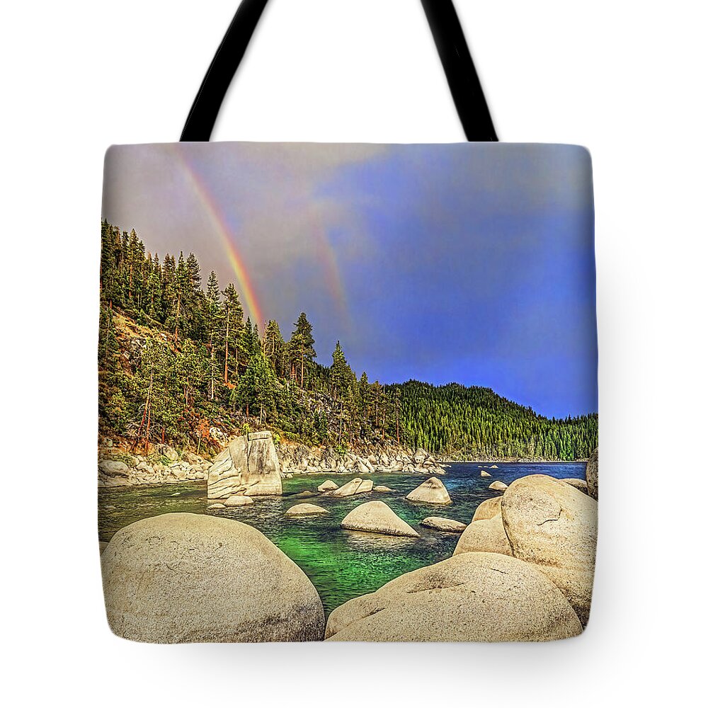 Rainbow Tote Bag featuring the photograph Boulder Bay Rainbows, Lake Tahoe, Nevada #1 by Don Schimmel