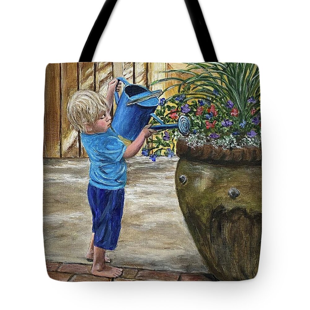 Boy Tote Bag featuring the painting Boy watering Flowers #1 by Bonnie Peacher