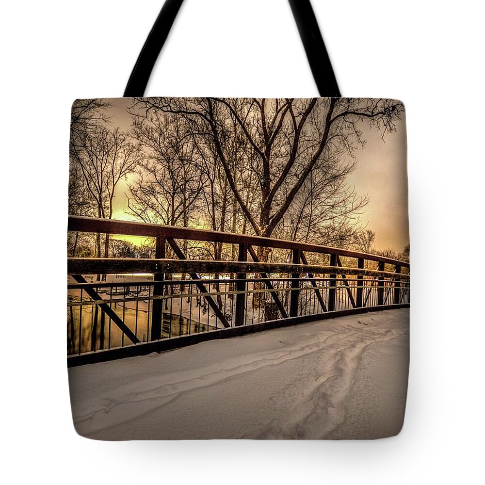 Snowy Tote Bag featuring the photograph Bridge at Night in the Snow V2 DSC_0087 #2 by Michael Thomas