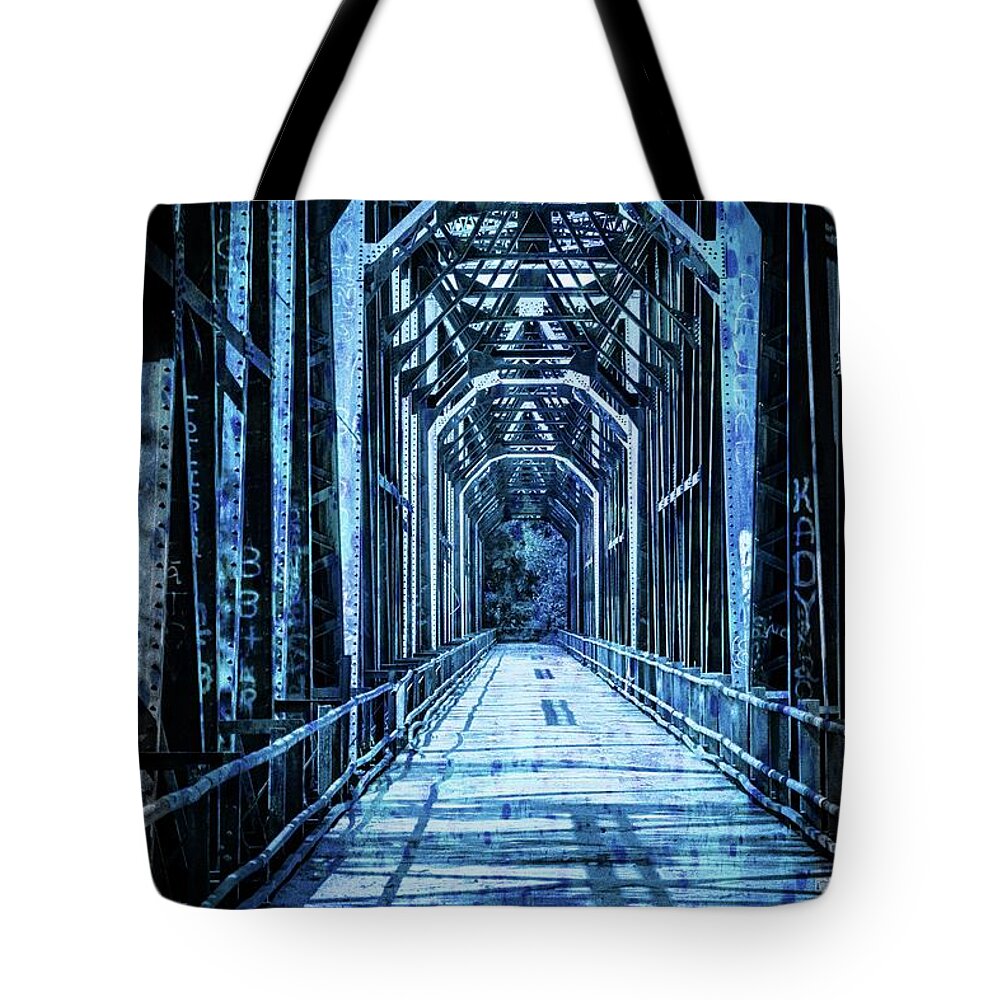 Historic Tote Bag featuring the photograph Bridge in Blue by Pam Rendall