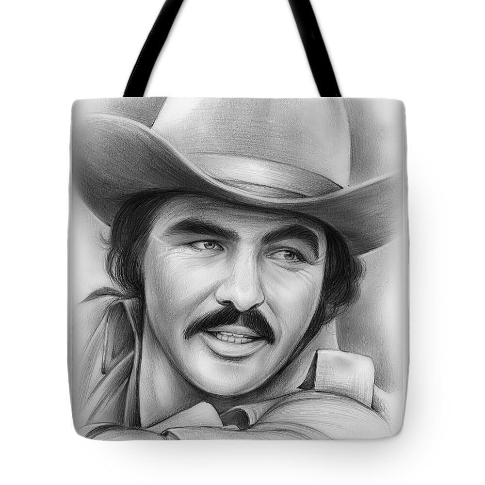 Burt Reynolds Tote Bag featuring the drawing Burt by Greg Joens
