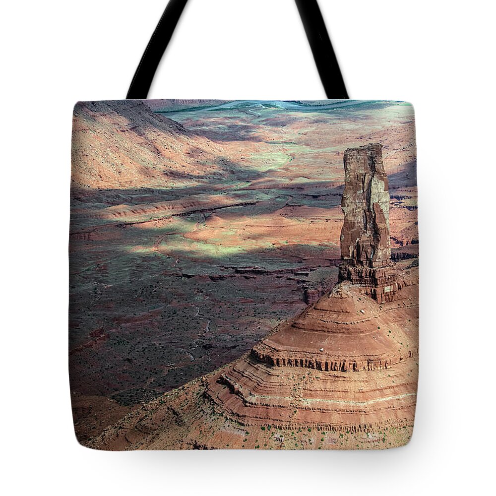 Castleton Tower Tote Bag featuring the photograph Castleton Tower in Castle Valley Utah Aerial by David Oppenheimer