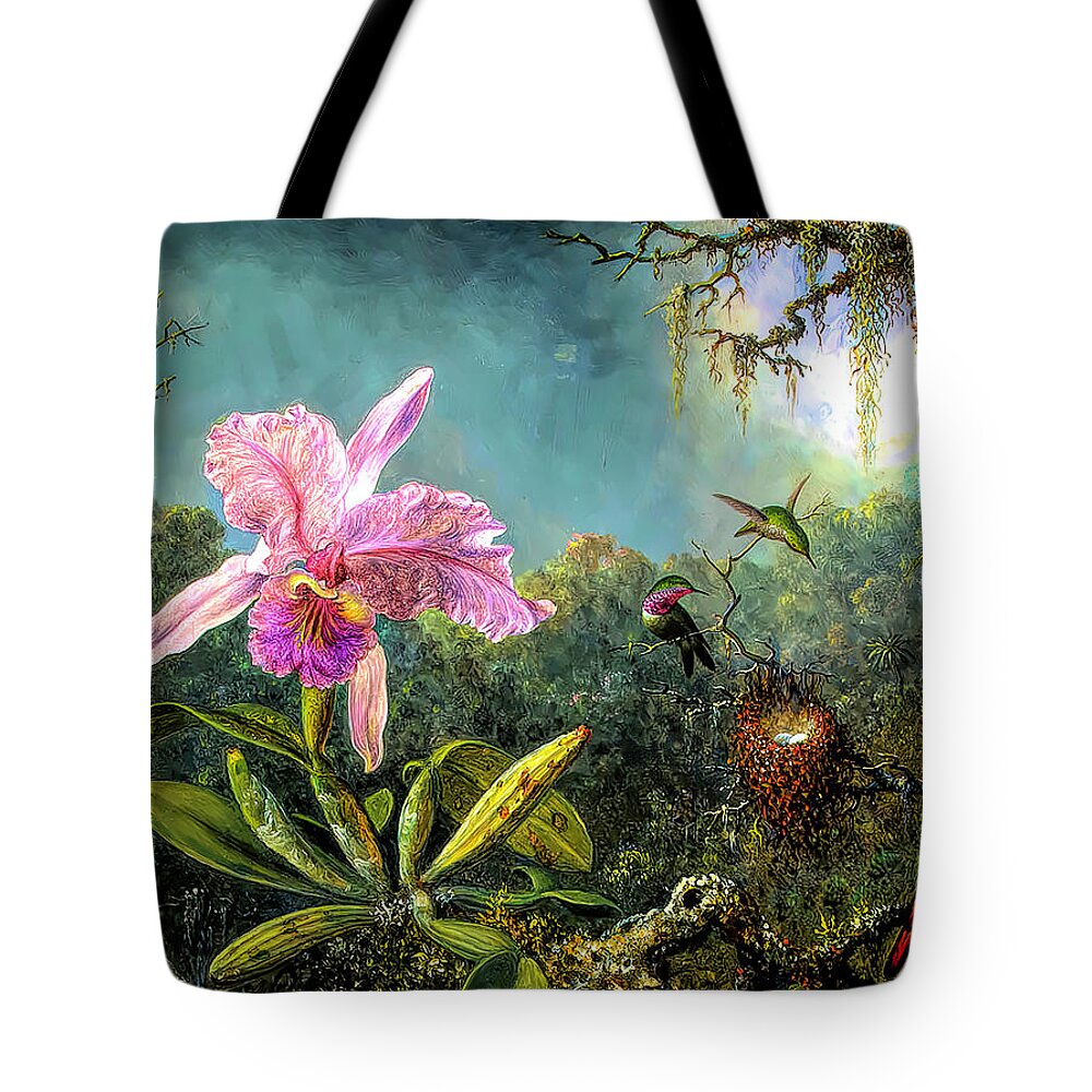 Cattleya Orchid And Three Brazilian Hummingbirds Tote Bag featuring the painting Cattleya Orchid and Three Brazilian Hummingbirds by Martin Johnson Heade