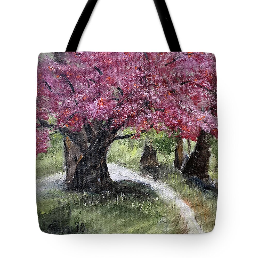 Cherry Blossoms Tote Bag featuring the painting Cherry Blossoms in the Park #1 by Roxy Rich
