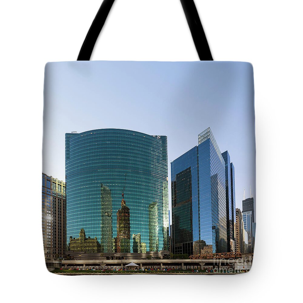 Chicago River Tote Bag featuring the photograph Chicago Riverwalk and skyscrapers #1 by Louise Heusinkveld