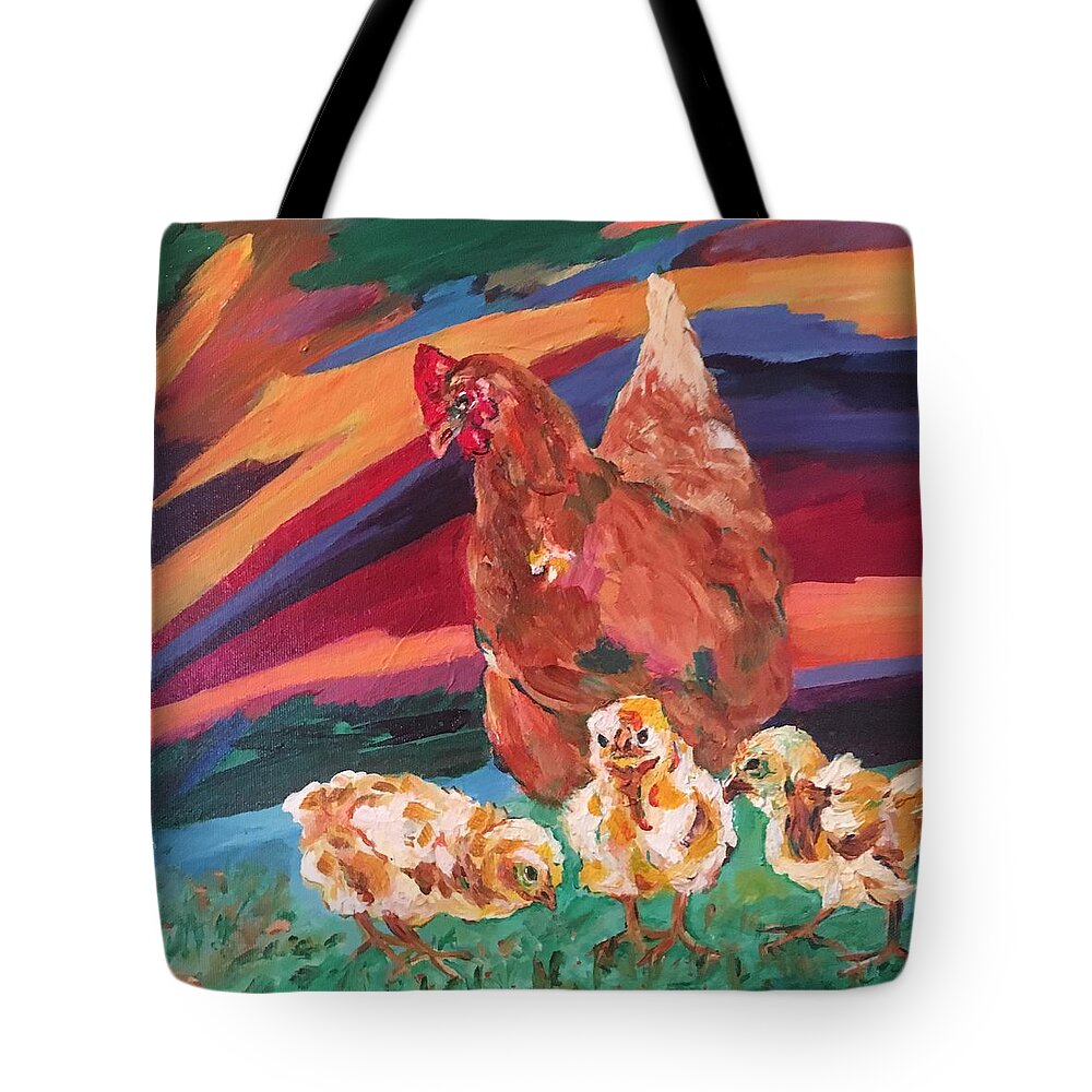 Chicks And Their Big Brown Mom Tote Bag featuring the painting Chicken Little #1 by Naomi Gerrard