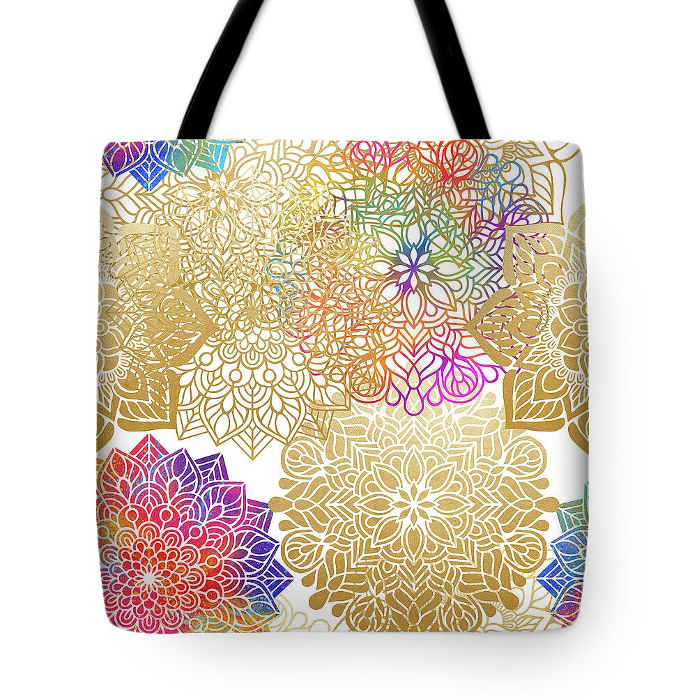 Mandala Tote Bag featuring the digital art Colorful Gold Mandala Pattern by Sambel Pedes