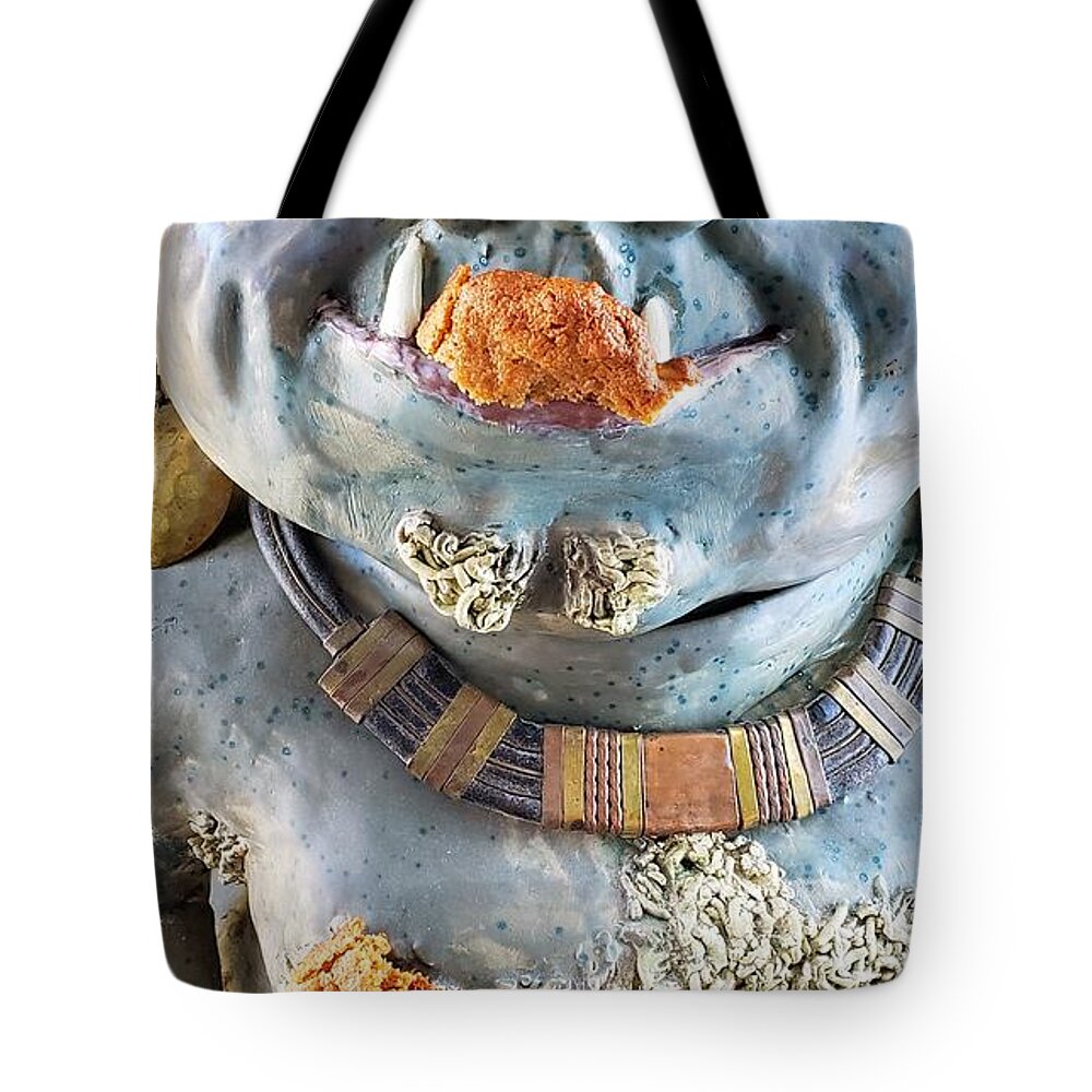 Cookie Monster Tote Bag featuring the sculpture Cookie Monster #1 by Merana Cadorette