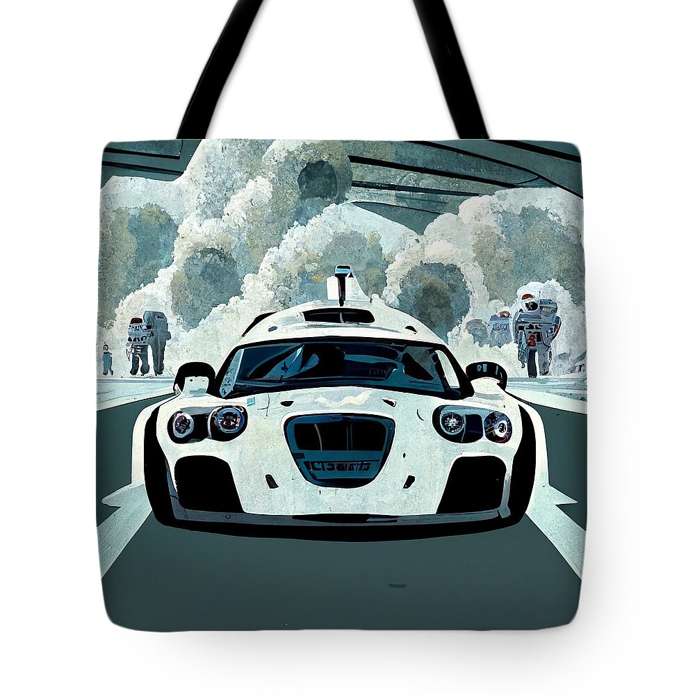 Cool Tote Bag featuring the painting Cool Cartoon The Stig Top Gear Show Driving A Car D27276c2 1dc4 442d 4e78 Dd764d266a62 by MotionAge Designs