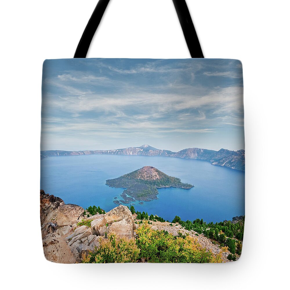Aerial View Tote Bag featuring the photograph Crater Lake in the Evening #1 by Jeff Goulden