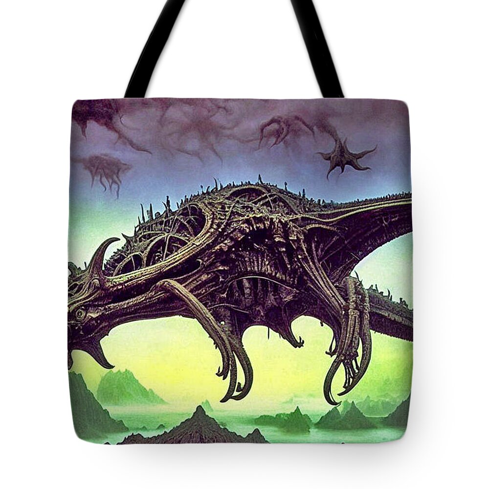Deep Dream Tote Bag featuring the digital art Cthulhu Warthog Over Mordor #1 by Otto Rapp