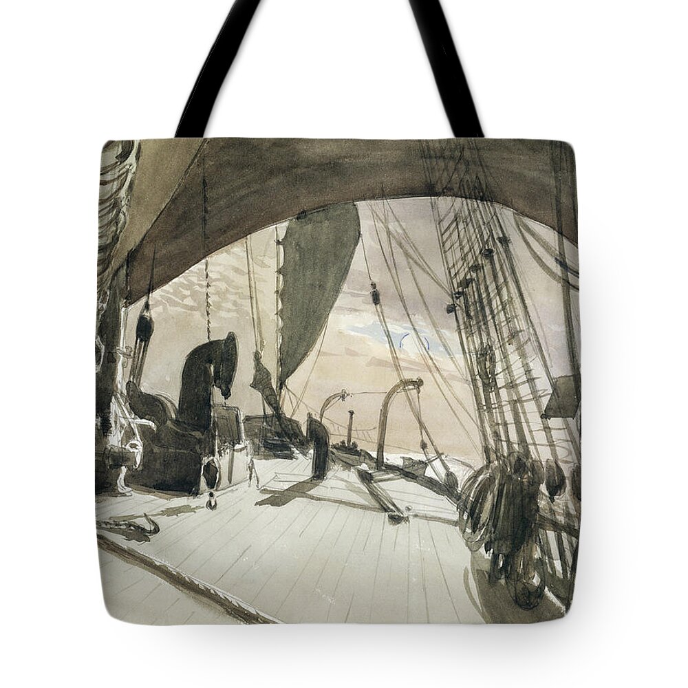 Coastal Tote Bag featuring the painting Deck of Ship in Moonlight #2 by John Singer Sargent