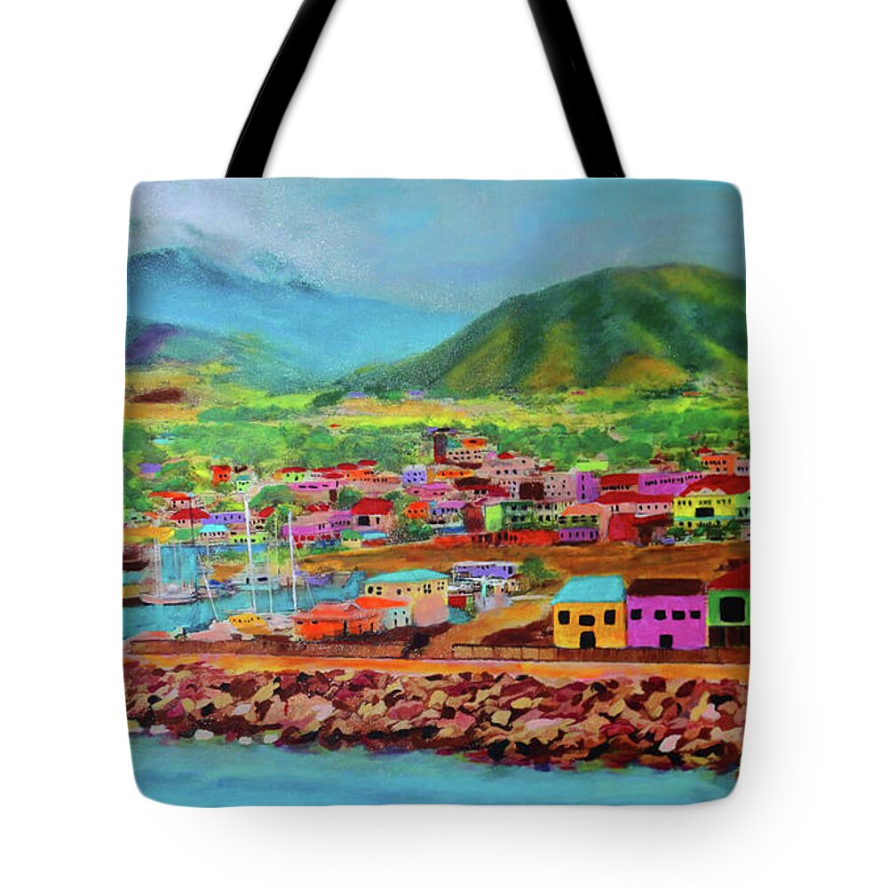 Caribbean Tote Bag featuring the painting Docked in St Kitts by Deborah Boyd