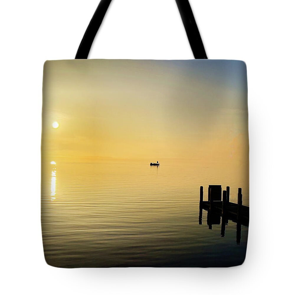 Fishing Tote Bag featuring the photograph Fishing at Sunrise #1 by Joe Holley