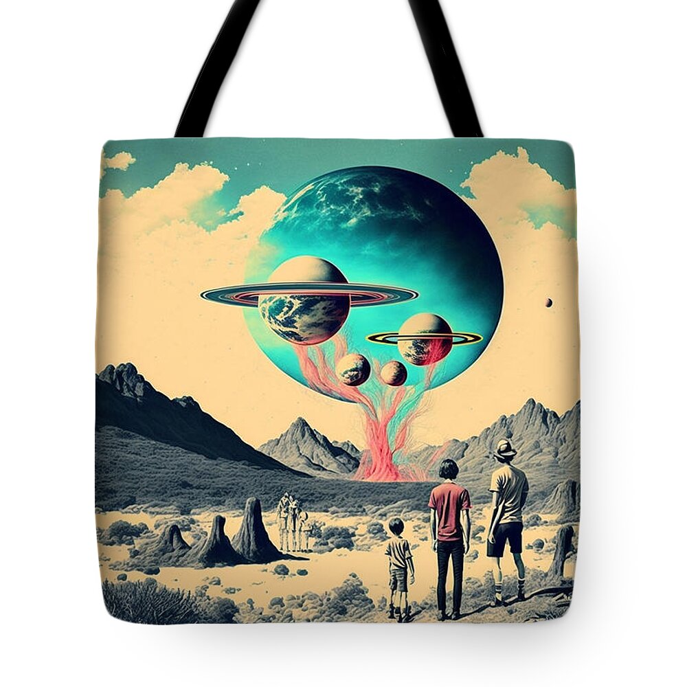 Flying Tote Bag featuring the mixed media Flying Saucer Frenzy VII by Jay Schankman