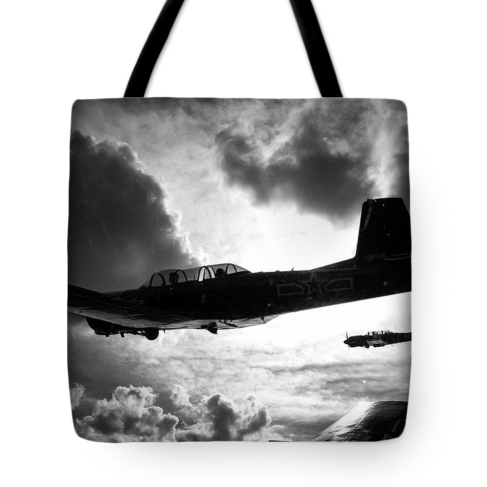 Black Tote Bag featuring the photograph Formation Flight in Black and White #1 by Carolyn Hutchins