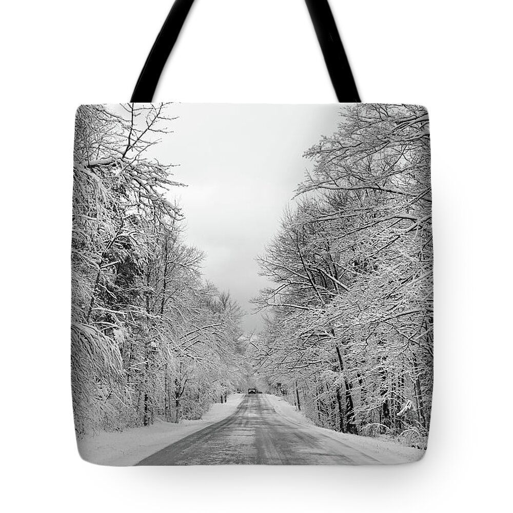 Back Road Tote Bag featuring the photograph Traveling Through the Fresh Snow by David T Wilkinson