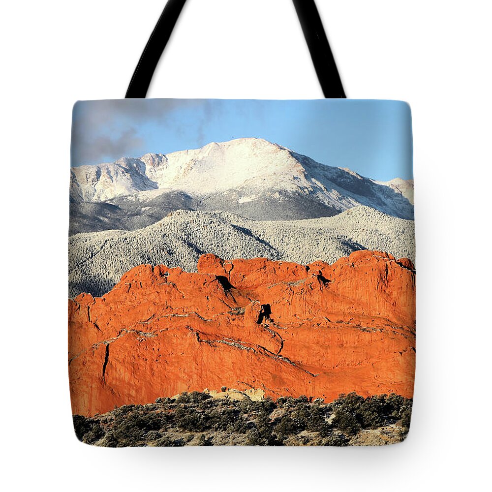 Garden Of The Gods Tote Bag featuring the photograph Garden of the Gods and Pikes Peak by Bob Falcone